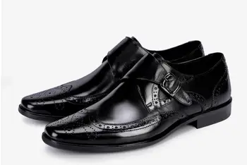 

High Quality Luxury Brand Fashion Men Black Brown Dress Shoes Genuine Leather Slip On Man Formal Suit Footwear with Buckle Strap