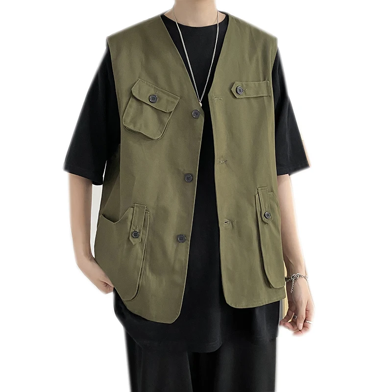 Mens Fashions Korean Style Tooling Vest Men Streetwear Hip Hop Sleeveless Jacket Military Multi-Pocket Outdoors Tactical Coat