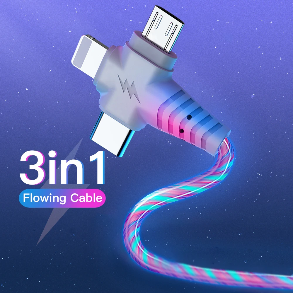 OLAF 3 в 1 потоковый светящийся usb-кабель для iPhone 13 11 Pro 2 светодиодный Micro USB Type C 8-Pin