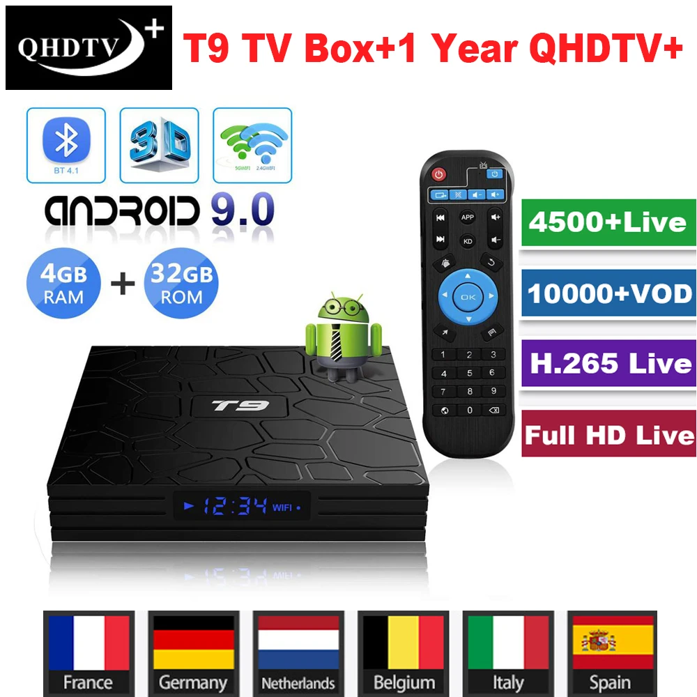 

T9 Android 9.0 TV Box with 1 Year France QHDTV+IPTV Subscription RK3318 4K HD Smart Set-top Box Dual Band Wifi Home Meida Player