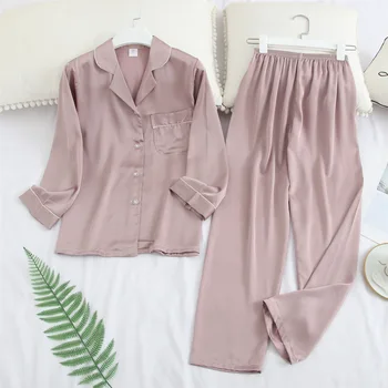 

Casual Home Clothes Couples Nightwear 2PCS Pajamas Set Satin Shirt&Pants Solid Homewear Kimono Bathrobe Gown Lovers Sleepwear