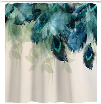 

Peacock Feather Pattern Fabric Shower Curtain Sets Bathroom Decor with Hooks Teal Blue Black