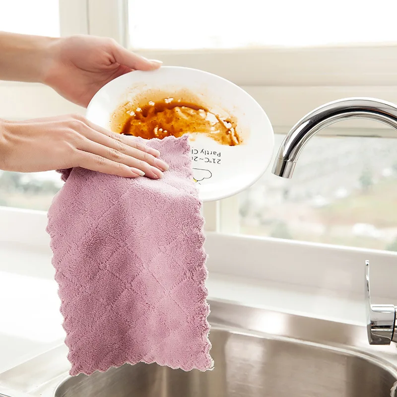 

1/4pc Coral Velvet Clean Dishcloth Kitchen Thickening Soft Absorbent Rag To Oil Scouring Pad Solid Color Clean Protection Hands