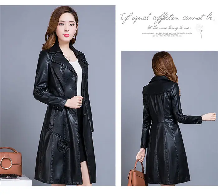 XL-8XL тонкая куртка из искусственной кожи женское длинное пальто новая корейская мода плюс размер осень тиснение кожаная ветровка Женская f1874