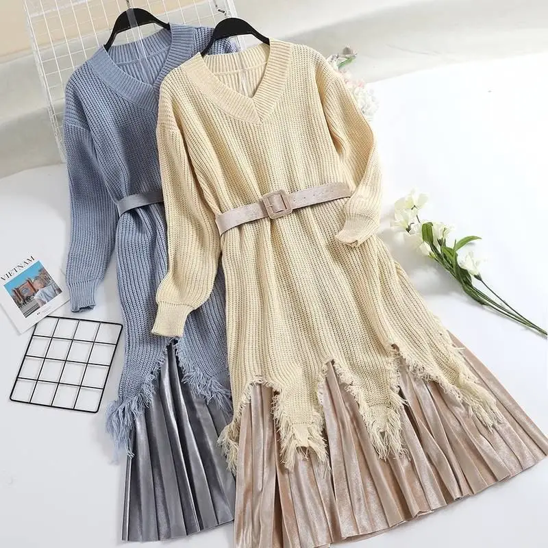 

2019 Autumn Knitted Two Piece Set Women V-Neck Tassel Pullover Sweater With Belt + Pleated skirt Suit Female Tricot Set Z37
