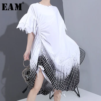

[EAM] Women White Pattern Printed Drawstrng Big Size Dress New Round Neck Half Sleeve Loose Fashion Spring Summer 2020 1T939