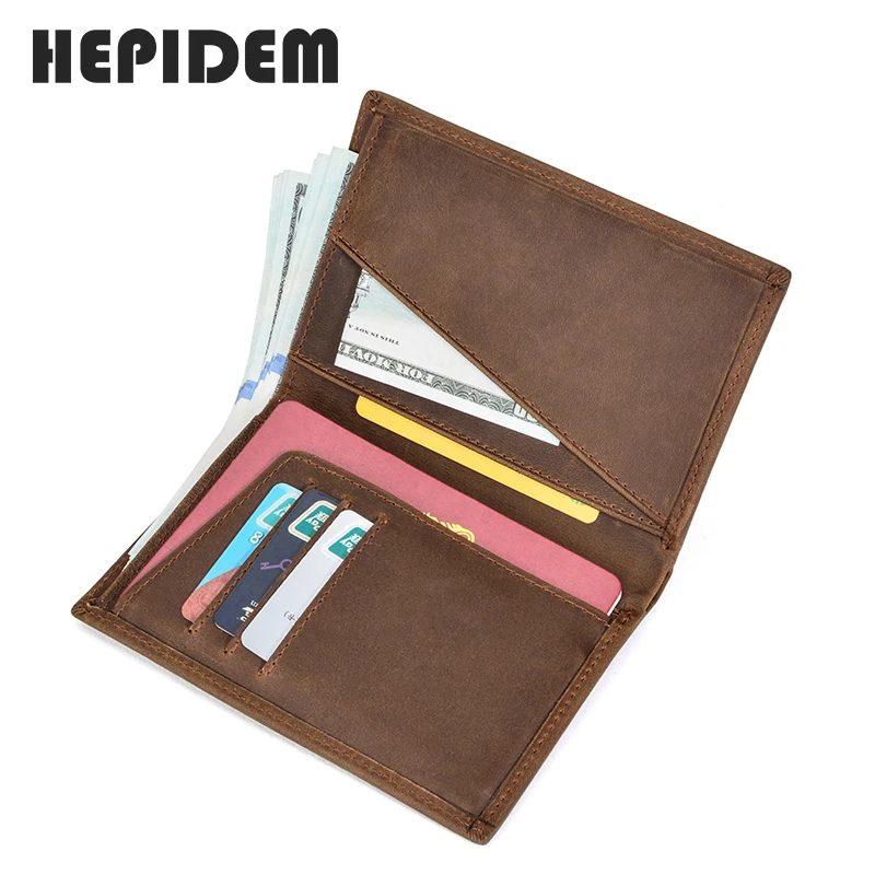 

HEPIDEM RFID High Quality Crazy Horse Genuine Leather Wallet 2020 New Possport Pocket Identity Card Short Purse for Men 8436