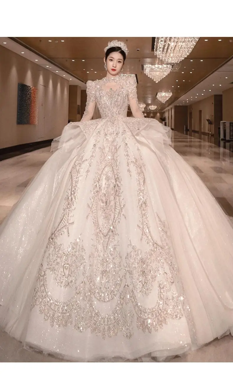 bridal gowns Vintage Luxury Long Train Wedding Dress 2022 New Bridal Dresses Ball Gown Long Sleeve Winter Beading Wedding Gowns sexy wedding dresses