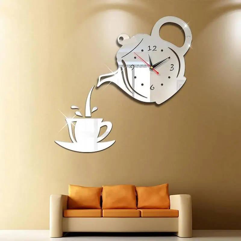 

3D Teapot Decorative Wall Clock For Household Creative Personalized Modern Acrylic Office Wall Sticker Clock Decoration
