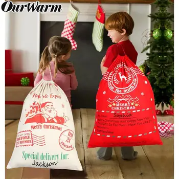 

OurWarm Christmas Santa Sack Deer Drawstring Canvas Santa Bag 2020 New Year Christmas Decorations for Home Stockings Gift Bag