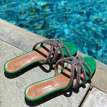 

Elegant Shoes Woman Metallic Heel Glistening Crystal Straps Slippers Suede Leather Peep Toe Casual Beach Slides Women Summer 40