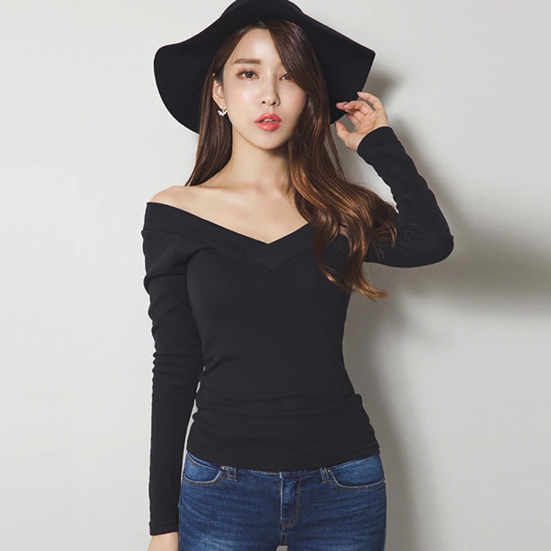 Vetement Femme 2019 Tshirts Cotton Women Korean Clothes Sexy Deep V-Neck T-Shirt Long Sleeve Casual T Shirt Female Womens Tops