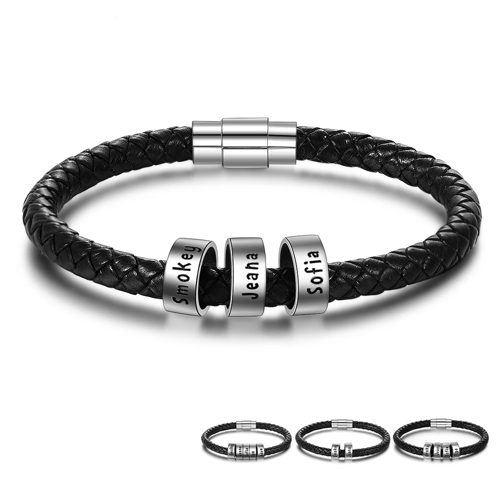 

JrSr Personalized Men Leather Bracelet with 2-5 Names Beads Customized Family Names Black Rope Magnetic Buckle Bracelets for Men