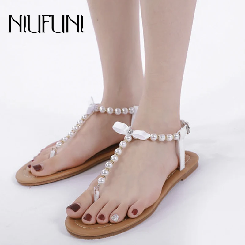 Plus Size 41 Women's Flat Shoes Fashion Clip Toe String Bead Sandals Pearl Buckle Low Heel Flats Bohemian Beach 2020 Women Shoes