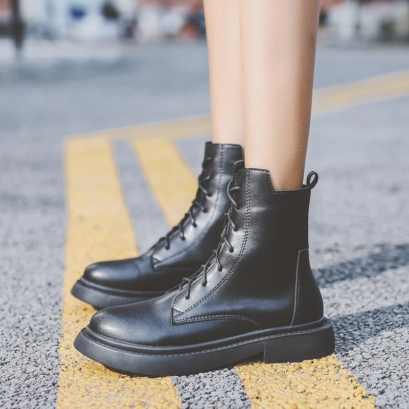 Botas Martin de altura corta para mujer, botines de estilo británico que combinan con todo, botas pequeñas de tubo de cuero, Otoño, 2020|Botas media pantorrilla| - AliExpress