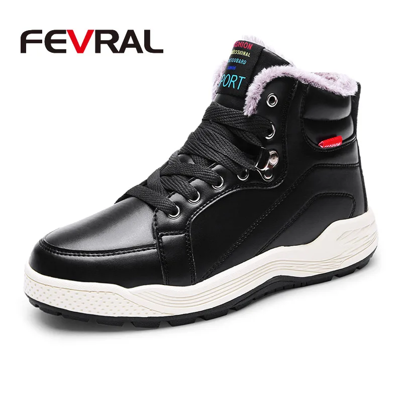 FEVRAL/осенне-зимние ботильоны из искусственной кожи мужские ботинки с мехом, плюшевые теплые зимние ботинки мужские повседневные ботинки кроссовки, размер 39-48 - Цвет: Black