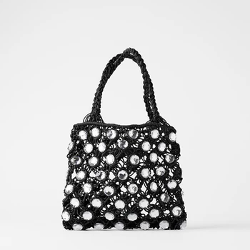 

Diamond Decoration Woven Women's Bag Rope Hand-oven Women's Handbag Hollow Mesh Shopper Bag Net Beach Hand Bags Women 2020 Trend