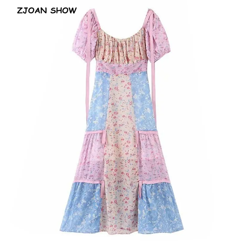 

2019 Retro Short Puff Sleeve Contrast Color Flower Dress Women French elastic Collar Ruched front High Waist Long Dresses