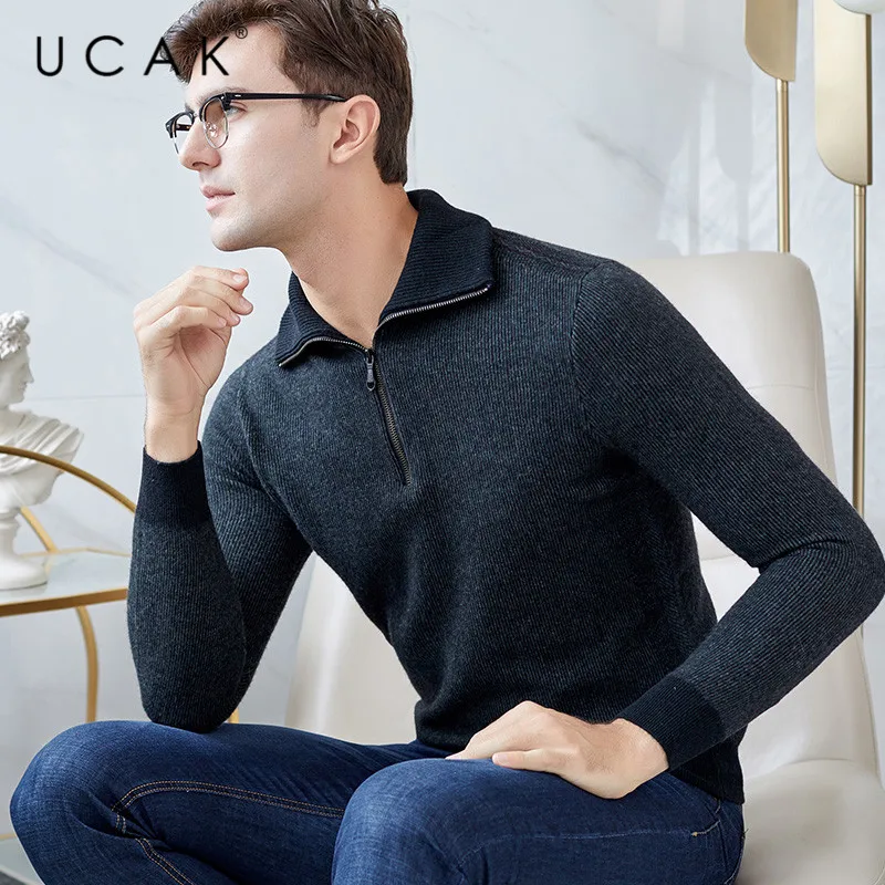 Black Friday UCAk Brand Sweater Men 2019 New Arrival Casual Zipper Turtleneck Streetwear Pure Merino Wool Warm Thick Sweaters Pullover U3127