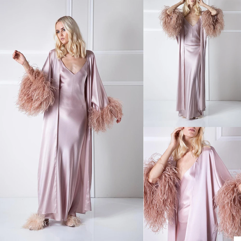 Womens Dress Ostrich Feather Celebrity Gowns Long Sleeve 2 Pieces Sexy Bridal Pajama Sets Bathrobes Party Wear Robes