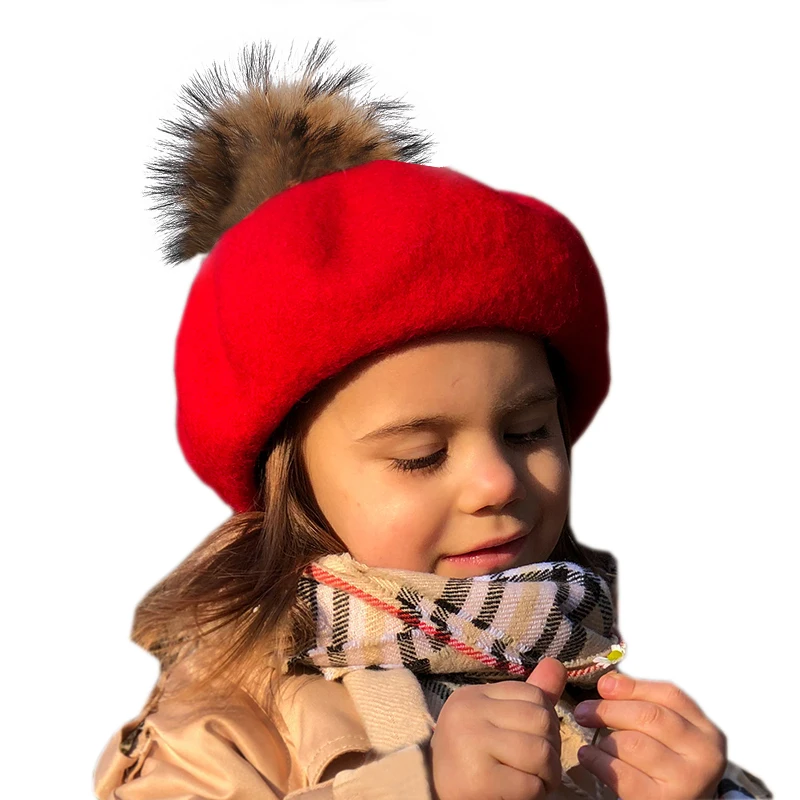 Autumn Winter Wool Beret Real Fur Pompom Beret Hat For Kids Women