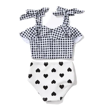 

Little Girls Lovely Bikini Set Swimwear White Grid Printed Baby Girl Toddler Beach Wear Two Pieces Bathing Suit