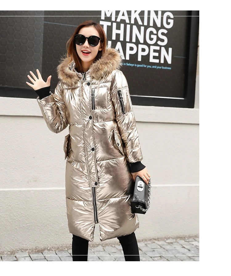 Зимняя женская блестящая пуховая куртка женская тонкая облегающая длинная пуховая куртка Толстая Меховая куртка с капюшоном Металлические куртки X9209