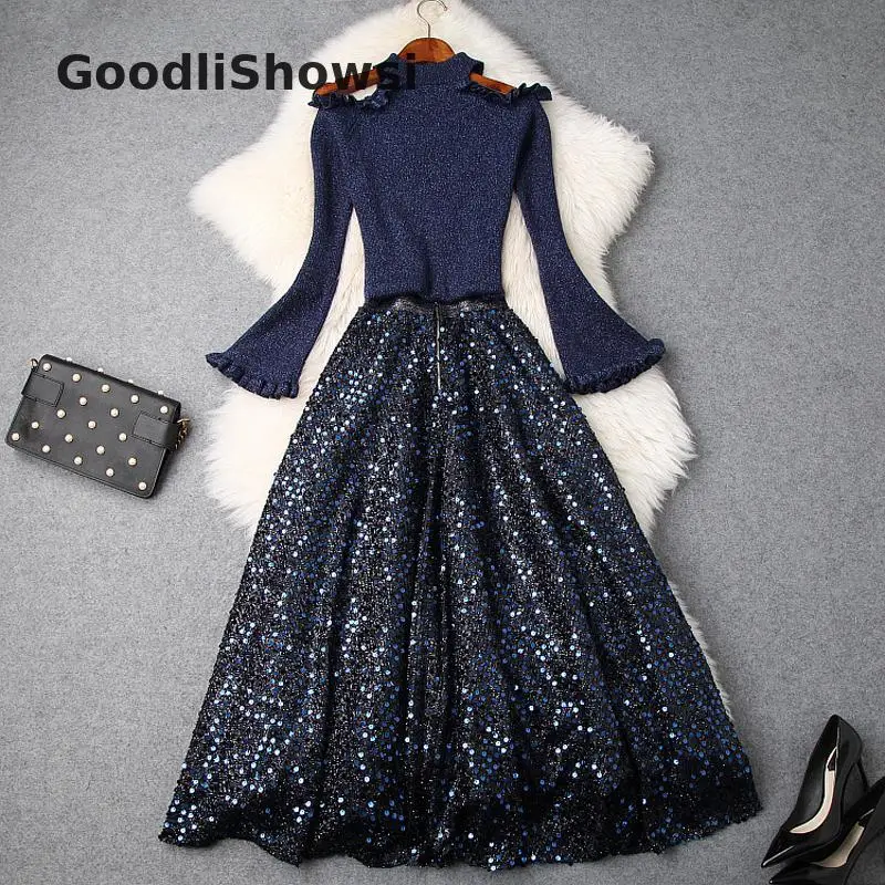 GoodliShowsi, сексуальные женские вечерние комплекты из 2 предметов, женские костюмы с открытыми плечами, свитер из люрекса, Топы+ юбка миди с блестками