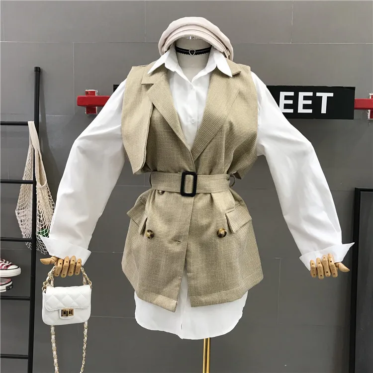 

2019 New Autumn Women Long-sleeved Medium Long Shirt + Suit Collar Tweed Vest Two-piece Female Blouse Top Set