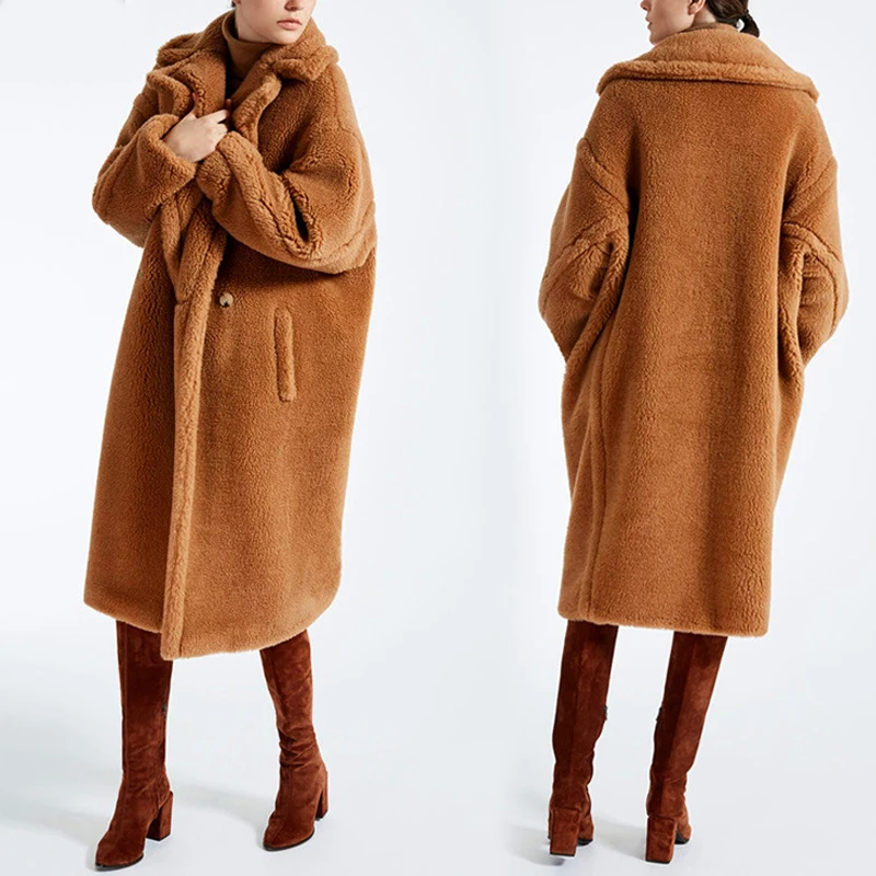 Зимнее плотное теплое пальто из искусственного меха для женщин, Большие куртки и пальто с плюшевой подкладкой, женская верхняя одежда, повседневные длинные пальто из овечьей шерсти