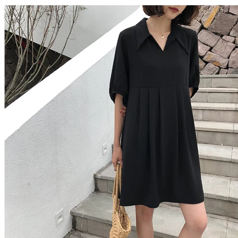 

2019 Maternity Dress Summer Loose And Plus-sized Black And White with Pattern Elegant A- line Dress Shirt Collar Short-sleeve Dr