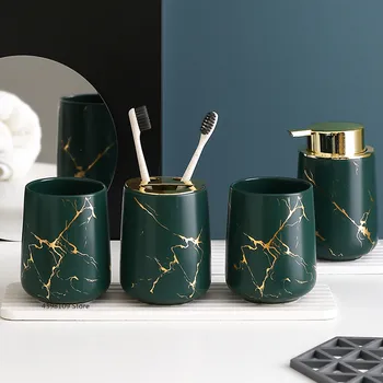 

Bathroom decoration accessories ceramic golden marble pattern toothbrush holder soap dispenser mouthwash cup bathroom supplies