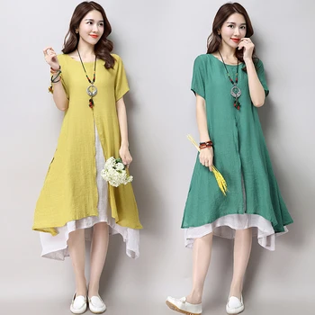 

Fashion Asian Style Layered Multi Slit Linen Dress Spring Summer Short Sleeve Women Dress
