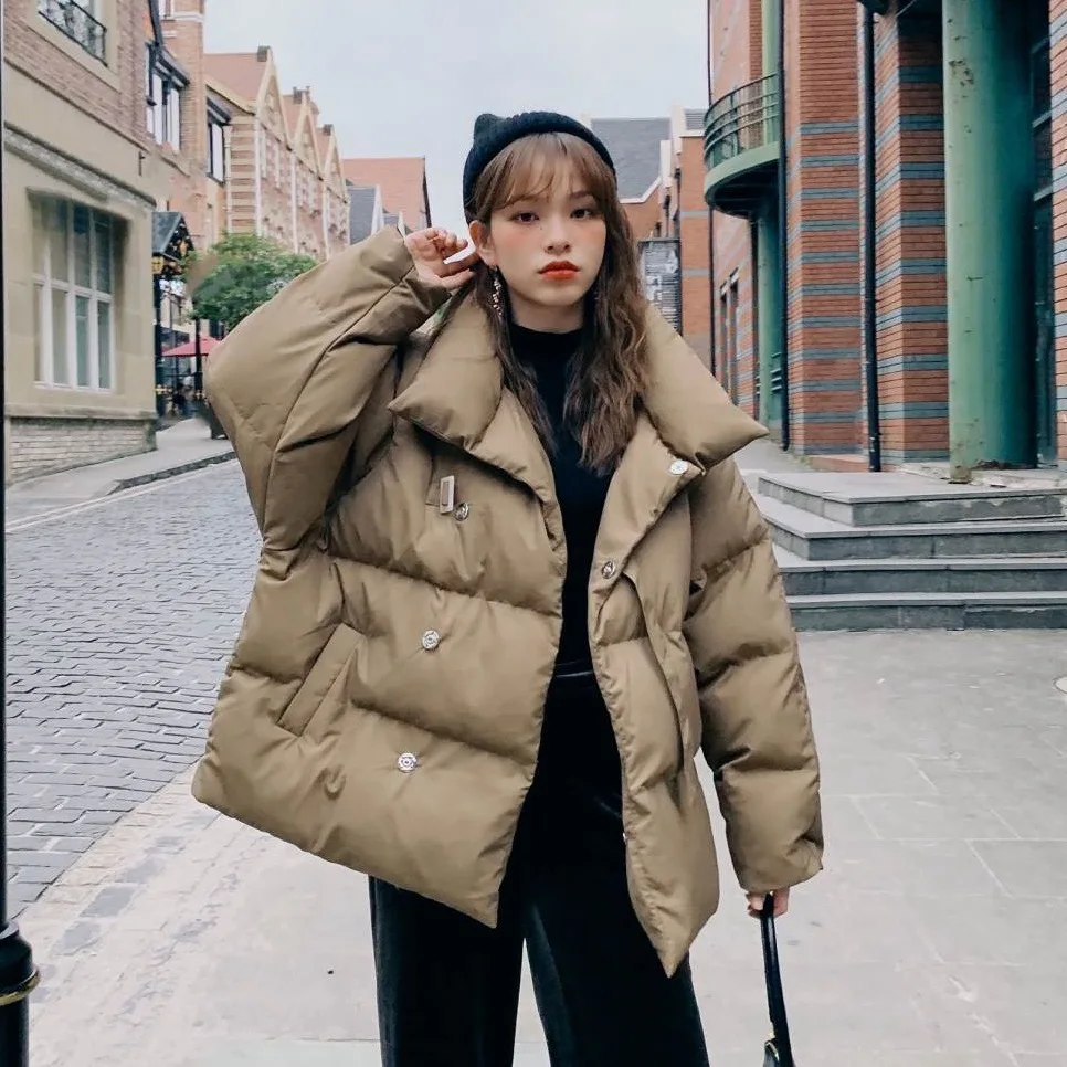 

Photo Shoot Waitmore Simple-Style Khaki Handsome Stand Collar Chic Buttons Lace-up down Coat Short Cotton-padded Clothes Women's