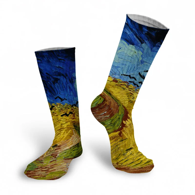 New Style Oil Painting Eiffel Tower Art Socks Men Women Pure Cotton Harajuku Retro Pastoral Scenery Happy Long Tube Funny Socks