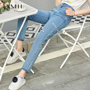 

Amii Minimalism Spring Summer High Waist Hole Jeans Women Causal Slim Long Pant 11960031