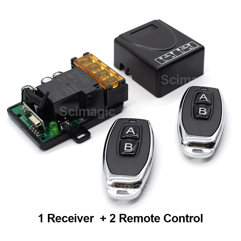 

433MHz Wireless Remote Control AC 75V~220V 30A RF Relay Receiver and 2 Remote for Water Pump & garage & Factory& Light