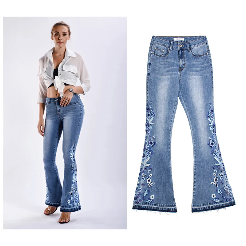 Женские джинсы на весну и осень, Модные Узкие широкие брюки, женские джинсовые расклешенные брюки, женские вышитые брюки