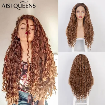 

AISI QUEENS Long Curly Synthetic Wig for Women Front Lace Brown Black Wigs Natural Free Part Average Size Cosplay Wig