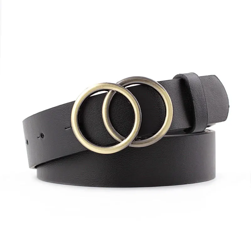 

2020 Designer Vintage Classic Double Round Circle Buckle Belt Female Black Red Brown Solid Color Wide Leather Belts for Women