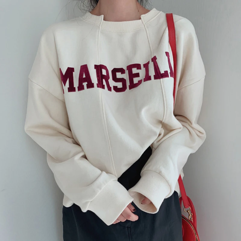 

Korean Chic Spring Autumn Women's Irregular Collar Letter Printing Loose Wild Casual Long-Sleeved Pullover Sweater Top