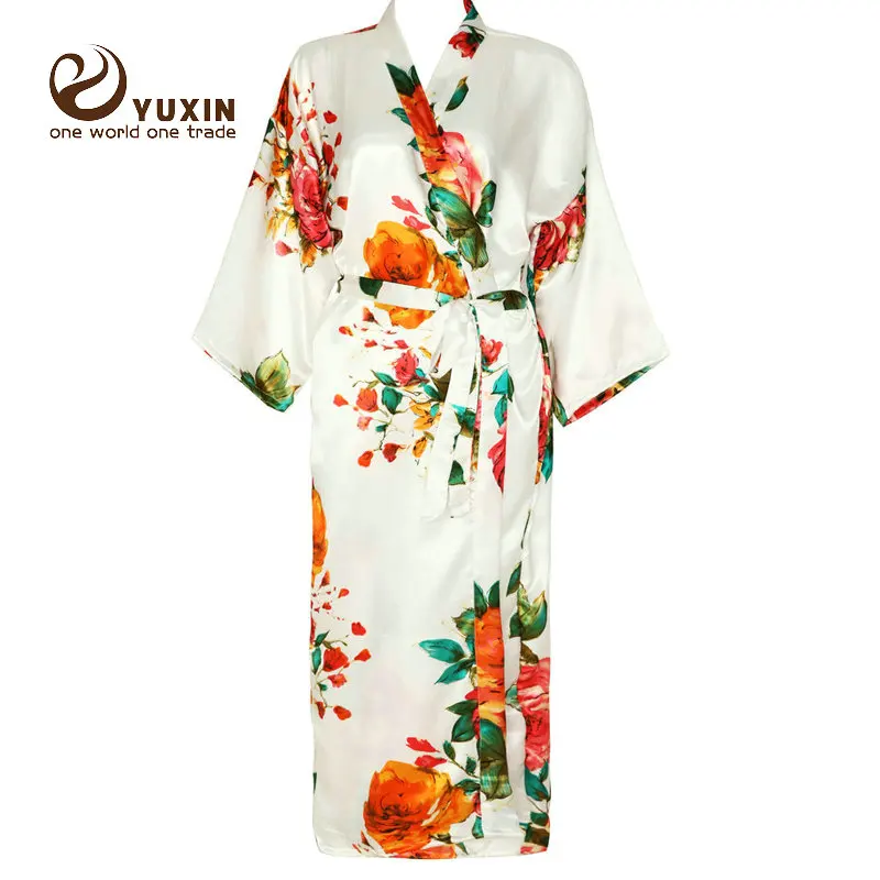 white YUXINBRIDAL длинный большой цветочный халат для невесты свадебное кимоно халат для невесты Атласный халат Ночное Платье Пижама Новинка - Цвет: white