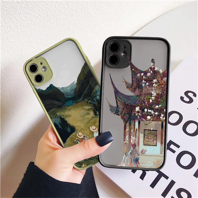 Cartoon Scenery Girl Phone Case For iphone 7 8 Plus SE 2020 13 11 12 Pro Max for iPhone X XR XS MAX Hard Shockproof Cover Fundas