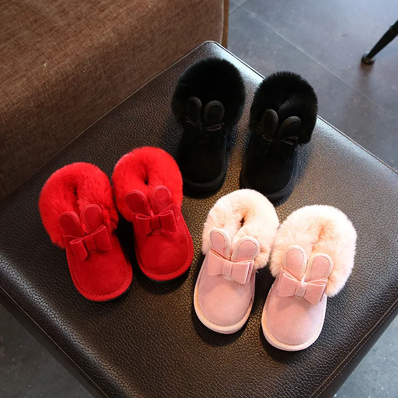 COZULMA/теплые зимние ботинки с плюшевой подкладкой и перевернутым краем для маленьких детей зимняя обувь ботильоны с заячьими ушками для девочек детские размеры 21-25