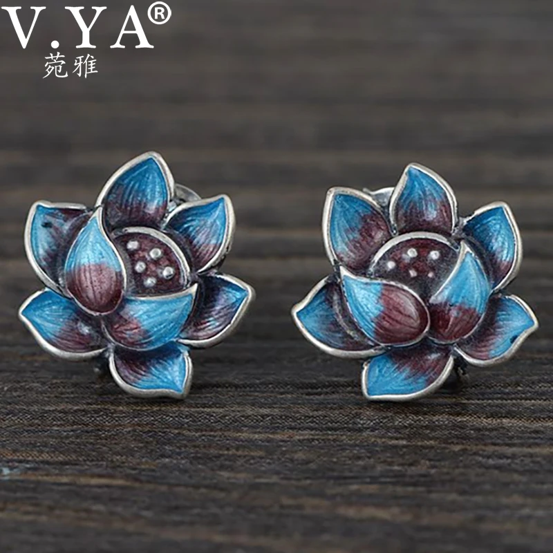 

V.YA Real 925 Sterling Silver Chinoiserie Blue Cloisonne Enamel Lotus Vintage Stud Earrings Jewelry Gift for Woman Girl