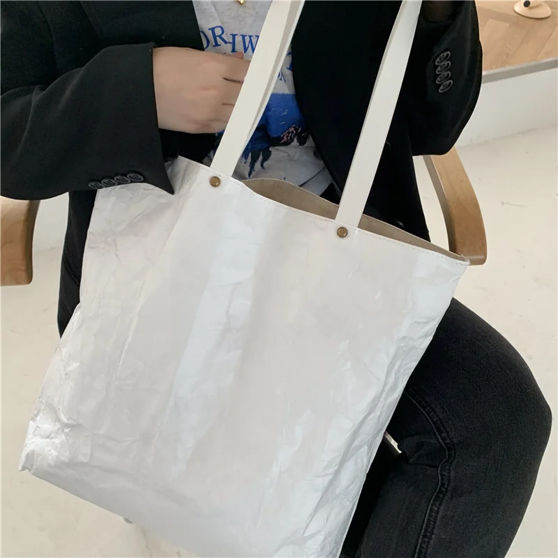 Fashion Korean Version Simple DuPont Hand-held Vintage Washed Kraft Paper Tote Bag Tyvek One Shoulder Straddle Women's