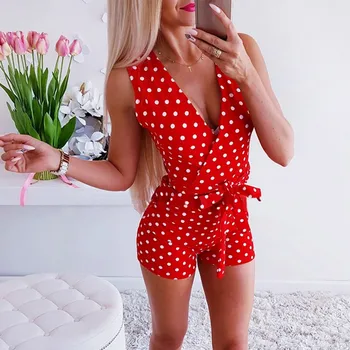

Women Summer Jumpsuit Loose V-neck Short Sleeves Print Slim High Waist