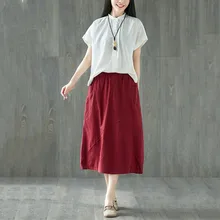 Womail, летняя женская юбка, Ретро стиль, свободные, до середины икры, плиссированные юбки размера плюс, хлопок, лен, юбка для женщин