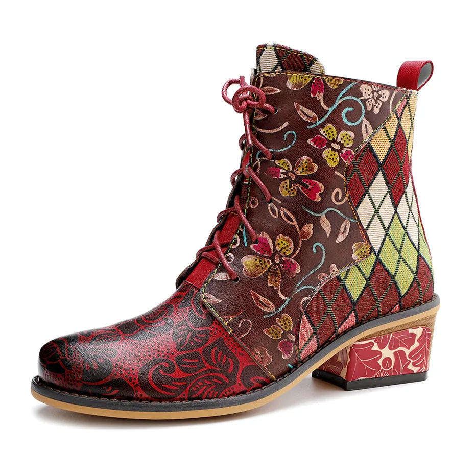 Women Boots Fashion Lace Up Ankle Boots Shoes For Woman Vintage Color Block Female Lady Thick High Heels Western Boots Handmade  (6)