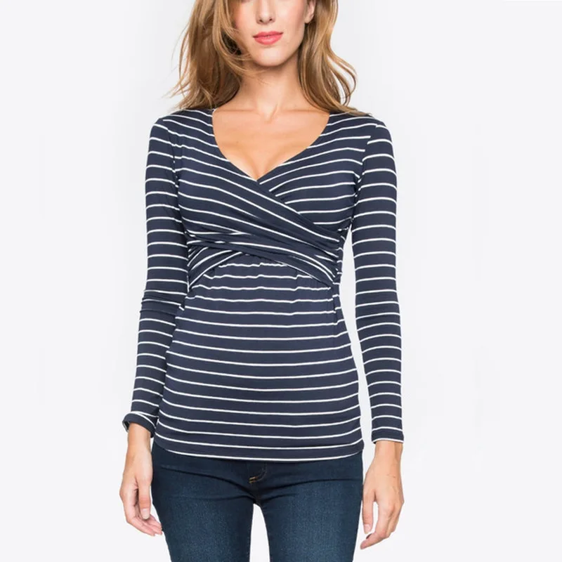 

Maternity Clothes Spring Autumn Casual Striped V-Neck Collar Long Sleeve Nursing Top Breastfeeding Clothing For Pregnant Women